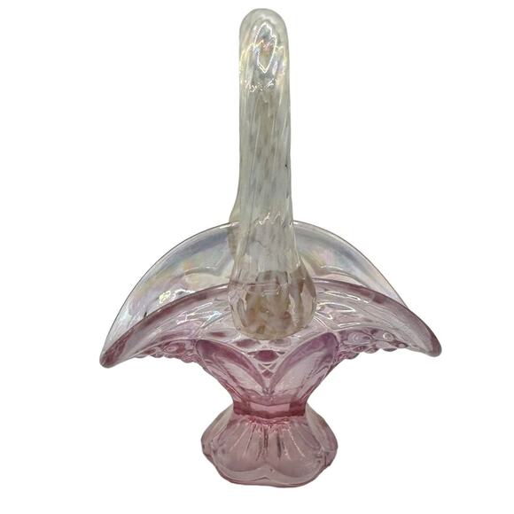 Vintage Fenton Art Glass Iridized Empress Rose Mini Basket Opalescent Handle - Picture 3 of 10